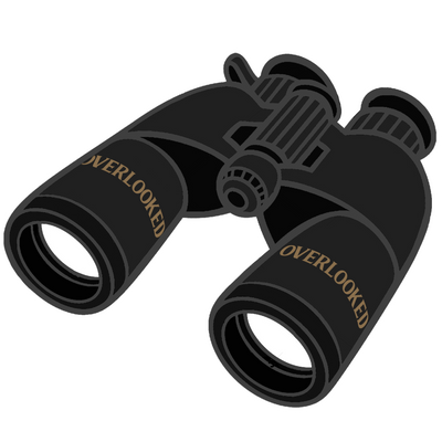 Black binoculars with 'Overlooked' branding on a white background